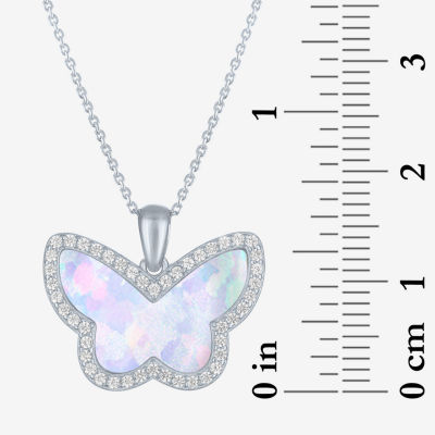 Womens Lab Created White Opal Sterling Silver Butterfly 18 Inch Pendant Necklace