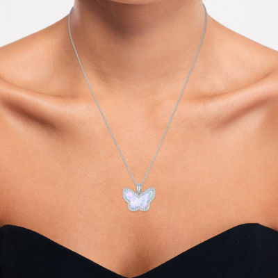 Womens Lab Created White Opal Sterling Silver Butterfly 18 Inch Pendant Necklace