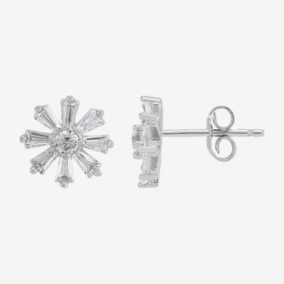 White Cubic Zirconia Sterling Silver 9.4mm Flower Stud Earrings