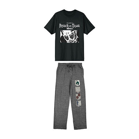 Attack On Titan Mens Crew Neck Short Sleeve 2-pc. Pajama Sets, Small, Black