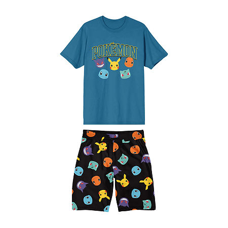 Pokemon Mens Short Sleeve Crew Neck 2-pc. Shorts Pajama Set, Medium, Blue