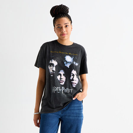 Bio Womens Juniors Crew Neck Short Sleeve Oversized Harry Potter Graphic T-shirt In Black
