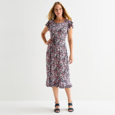 Perceptions Womens Short Sleeve Floral Midi Fit + Flare Dress