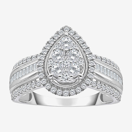 Modern Bride I-j / I2-i3 Womens 1 Ct. T.w. Natural White Diamond 10k Gold Pear Side Stone Halo Engagement Ring