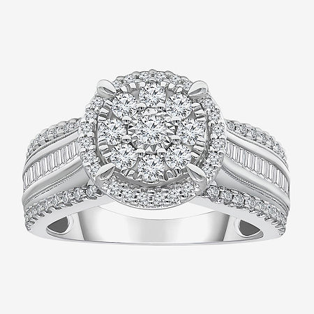 Modern Bride I-j / I2-i3 Womens 1 Ct. T.w. Natural White Diamond 10k Gold Round Side Stone Halo Engagement Ring