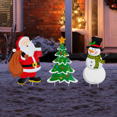 Glitzhome  Snowman Santa Tree 3-Pc. Christmas Holiday Yard Art