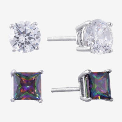 Silver Treasures Womens Cubic Zirconia Sterling Silver 2 Pair Earring Set