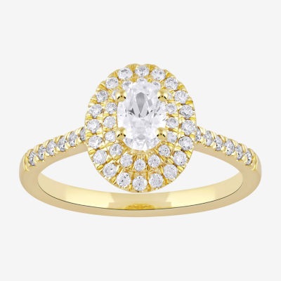 Certified (F / Si1) Womens 3/4 CT. T.W. Lab Grown White Diamond 10K Gold Oval Side Stone Halo Engagement Ring