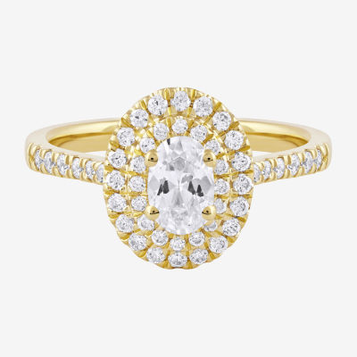 Certified (F / Si1) Womens 3/4 CT. T.W. Lab Grown White Diamond 10K Gold Oval Side Stone Halo Engagement Ring