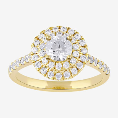 Certified (F / Si1) Womens 1 CT. T.W. Lab Grown White Diamond 10K Gold Round Side Stone Halo Engagement Ring