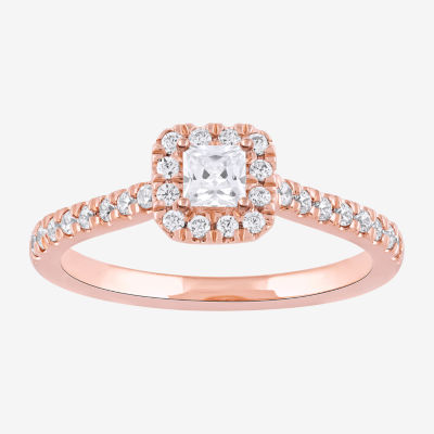 Certified (F / Si1) Womens 1/2 CT. T.W. Lab Grown White Diamond 10K Rose Gold Side Stone Halo Engagement Ring
