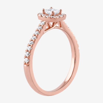 Certified (F / Si1) Womens 1/2 CT. T.W. Lab Grown White Diamond 10K Rose Gold Side Stone Halo Engagement Ring