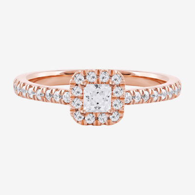 Certified (F / Si1) Womens 1/2 CT. T.W. Lab Grown White Diamond 10K Rose Gold Side Stone Halo Engagement Ring