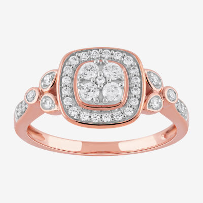 Certified (F / Si1) Womens 3/8 CT. T.W. Lab Grown White Diamond 10K Rose Gold Cushion Side Stone Halo Engagement Ring