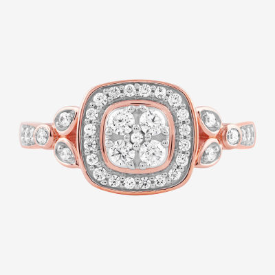 Certified (F / Si1) Womens 3/8 CT. T.W. Lab Grown White Diamond 10K Rose Gold Cushion Side Stone Halo Engagement Ring