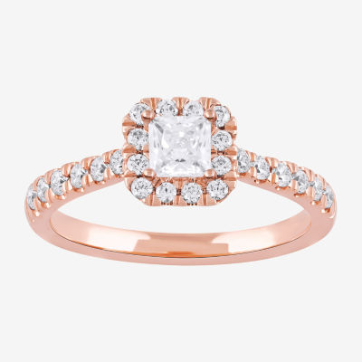 Certified (F / Si1) Womens / CT. T.W. Lab Grown White Diamond 10K Rose Gold Cushion Side Stone Halo Engagement Ring