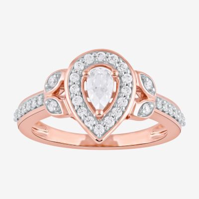 Certified (F / Si1) Womens 1/2 CT. T.W. Lab Grown White Diamond 10K Rose Gold Pear Side Stone Halo Engagement Ring