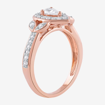 Certified (F / Si1) Womens 1/2 CT. T.W. Lab Grown White Diamond 10K Rose Gold Pear Side Stone Halo Engagement Ring