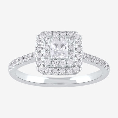 Certified (F / Si1) Womens 5/8 CT. T.W. Lab Grown White Diamond 10K White Gold Cushion Side Stone Halo Engagement Ring