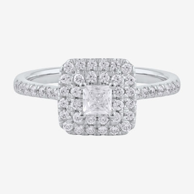 Certified (F / Si1) Womens 5/8 CT. T.W. Lab Grown White Diamond 10K White Gold Cushion Side Stone Halo Engagement Ring