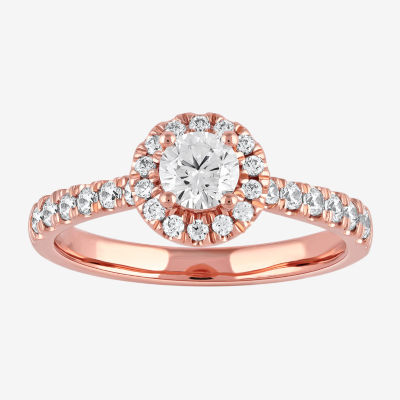 Certified (F / Si1) Womens 3/4 CT. T.W. Lab Grown White Diamond 10K Rose Gold Round Side Stone Halo Engagement Ring