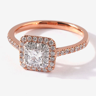 Certified (F / Si1) Womens 5/8 CT. T.W. Lab Grown White Diamond 10K Rose Gold Cushion Side Stone Halo Engagement Ring