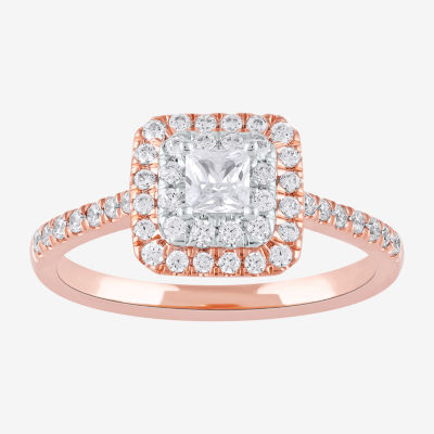 Certified (F / Si1) Womens 5/8 CT. T.W. Lab Grown White Diamond 10K Rose Gold Cushion Side Stone Halo Engagement Ring