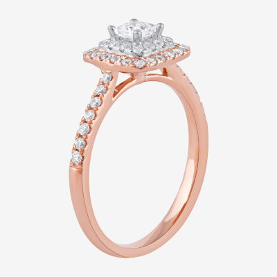 Certified (F / Si1) Womens 5/8 CT. T.W. Lab Grown White Diamond 10K Rose Gold Cushion Side Stone Halo Engagement Ring