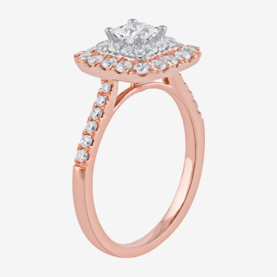 Certified (F / Si1) Womens 1 CT. T.W. Lab Grown White Diamond 10K Rose Gold Cushion Side Stone Halo Engagement Ring