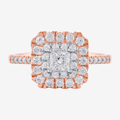 Certified (F / Si1) Womens 1 CT. T.W. Lab Grown White Diamond 10K Rose Gold Cushion Side Stone Halo Engagement Ring