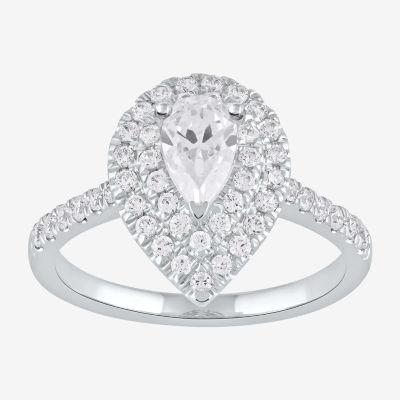 Certified (F / Si1) Womens 1 CT. T.W. Lab Grown White Diamond 10K White Gold Pear Side Stone Halo Engagement Ring