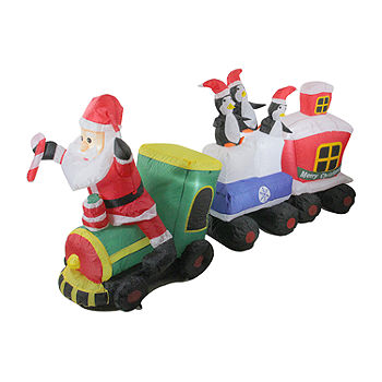 6.5\' Red and Green Inflatable Santa and Penguins on Train Lighted ...