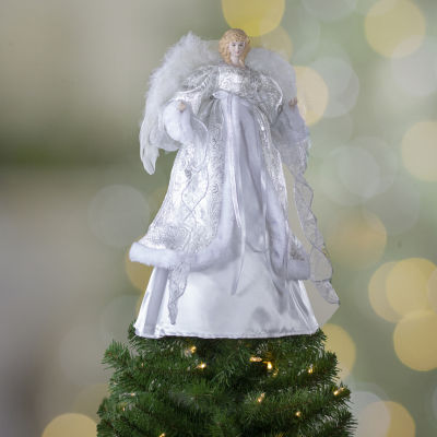 18'' Lighted White and Silver Angel in a Dress Christmas Tree Topper - Warm White Lights