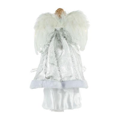 18'' Lighted White and Silver Angel in a Dress Christmas Tree Topper - Warm White Lights