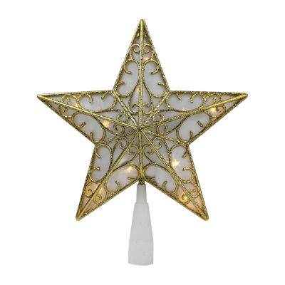 9'' Gold and White Glittered Star LED Christmas Tree Topper - Warm White Lights