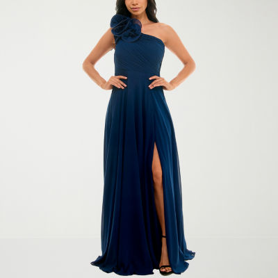 Premier Amour Floral Applique Sleeveless Evening Gown, Color Navy