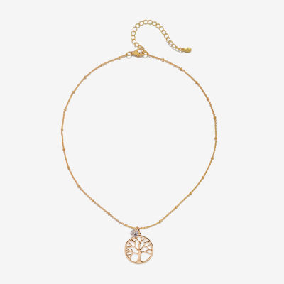 Bijoux Bar Delicates Gold Tone Tree Of Life Cubic Zirconia 16 Inch Bead Round Pendant Necklace