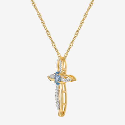 Womens Genuine Blue Aquamarine 10K Gold Oval Round Pendant Necklace