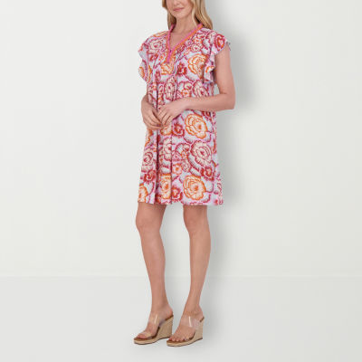 Stella Parker Womens Short Sleeve Floral A-Line Dress