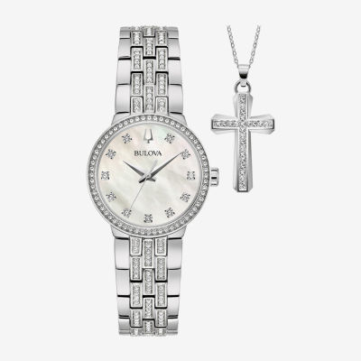 Bulova Classic Crystal Womens Crystal Accent Silver Tone Stainless Steel 2-pc. Watch Boxed Set 96x163