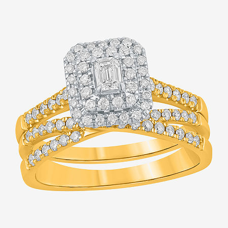 Modern Bride (h-i / Si1-si2) Womens 1 Ct. T.w. Lab Grown White Diamond 10k White Gold Side Stone Halo Bridal Set In Gold