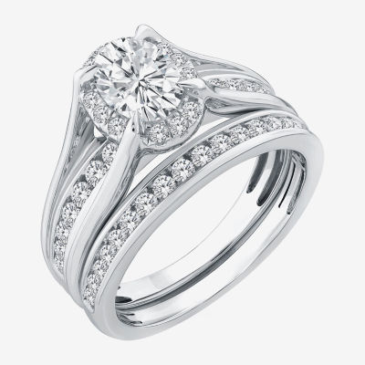G / Si1-Si2) Womens 1 1/2 CT. T.W. Lab Grown White Diamond 10K White Gold Oval Side Stone Halo Bridal Set