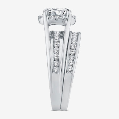 G / Si1-Si2) Womens 1 1/2 CT. T.W. Lab Grown White Diamond 10K White Gold Oval Side Stone Halo Bridal Set