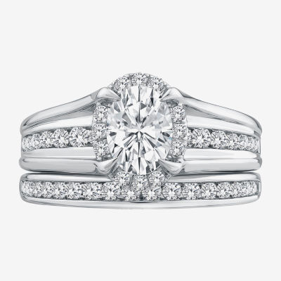 G / Si1-Si2) Womens 1 1/2 CT. T.W. Lab Grown White Diamond 10K White Gold Oval Side Stone Halo Bridal Set