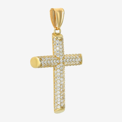 Mens White Cubic Zirconia 14K Gold Cross Pendant