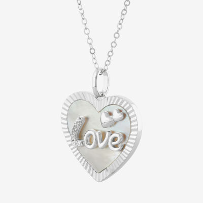 Womens White Mother Of Pearl Sterling Silver Heart Pendant Necklace