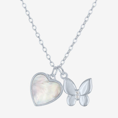 Womens White Mother Of Pearl Sterling Silver Butterfly Heart 15 Inch Pendant Necklace