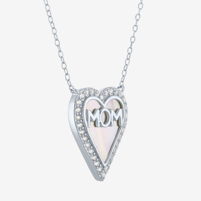 "Mom" Womens White Mother Of Pearl Sterling Silver Heart Pendant Necklace