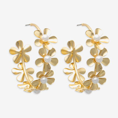Bijoux Bar Gold Tone Simulated Pearl 47.1mm Flower Hoop Earrings