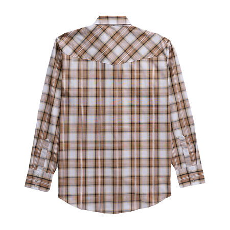 Ely Cattleman Textured Plaid Mens Long Sleeve Western Shirt, Large, Beige